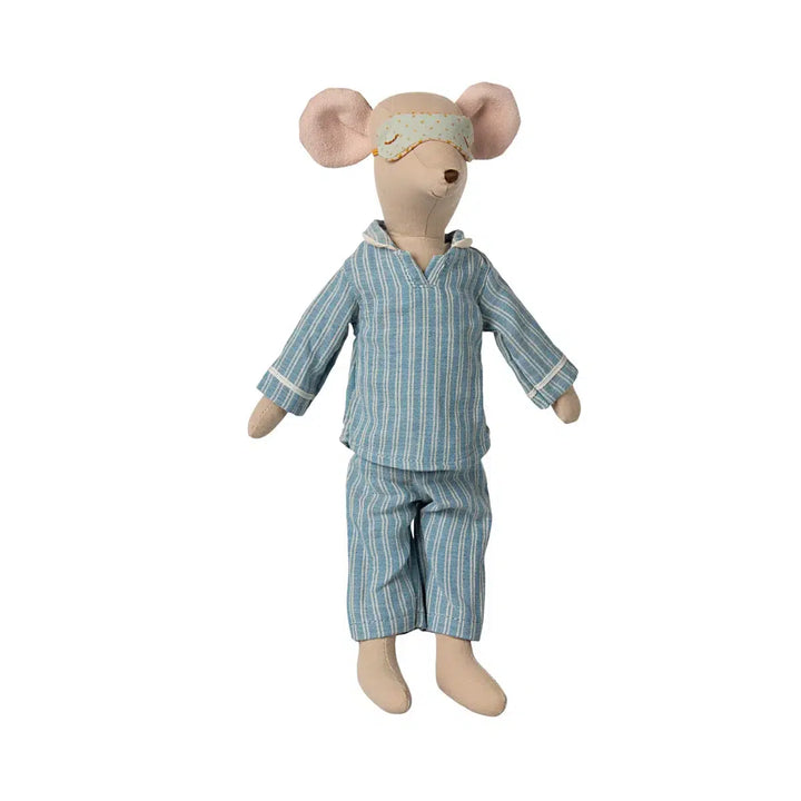 Maileg medium mouse pyjamas dressed in cozy sleepwear, perfect as a unique gift for babies from Acorn & Pip.