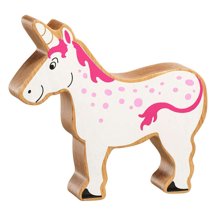 Colorful natural wood unicorn figure with pink and white design from Acorn & Pip.