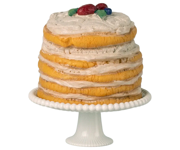 Maileg party cake set for mice on a beautiful stand, perfect for celebrations and imaginative play.