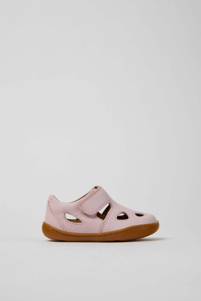 Pink leather closed sandals for kids with adjustable strap, perfect for First Walkers from Acorn & Pip.