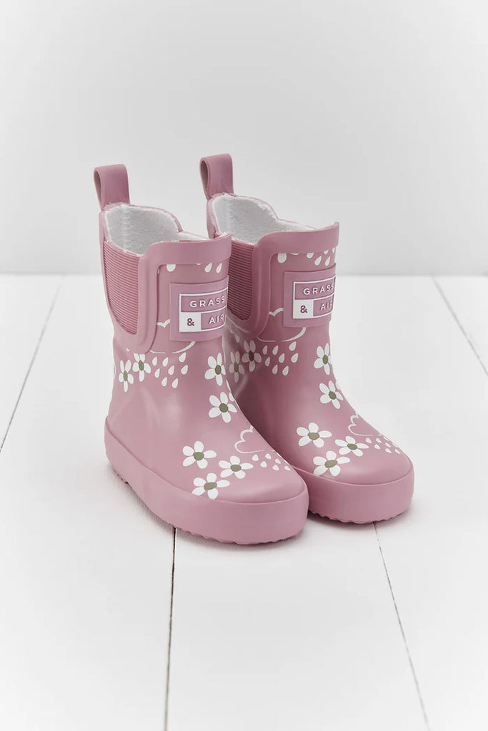 Grass & Air: Pink Bloom Floral Short Colour-Changing Kids Wellies at Acorn & Pip