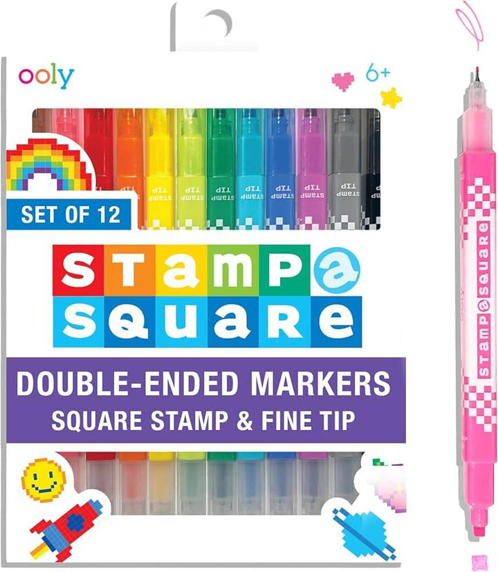 Ooly Stamp-A-Square Markers Set of 12 features dual purpose stamp markers in vibrant colors for creative projects.