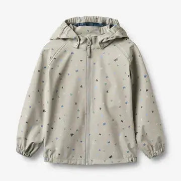 Children's waterproof rain jacket in light flint color with playful print, designed for comfort on wet days.