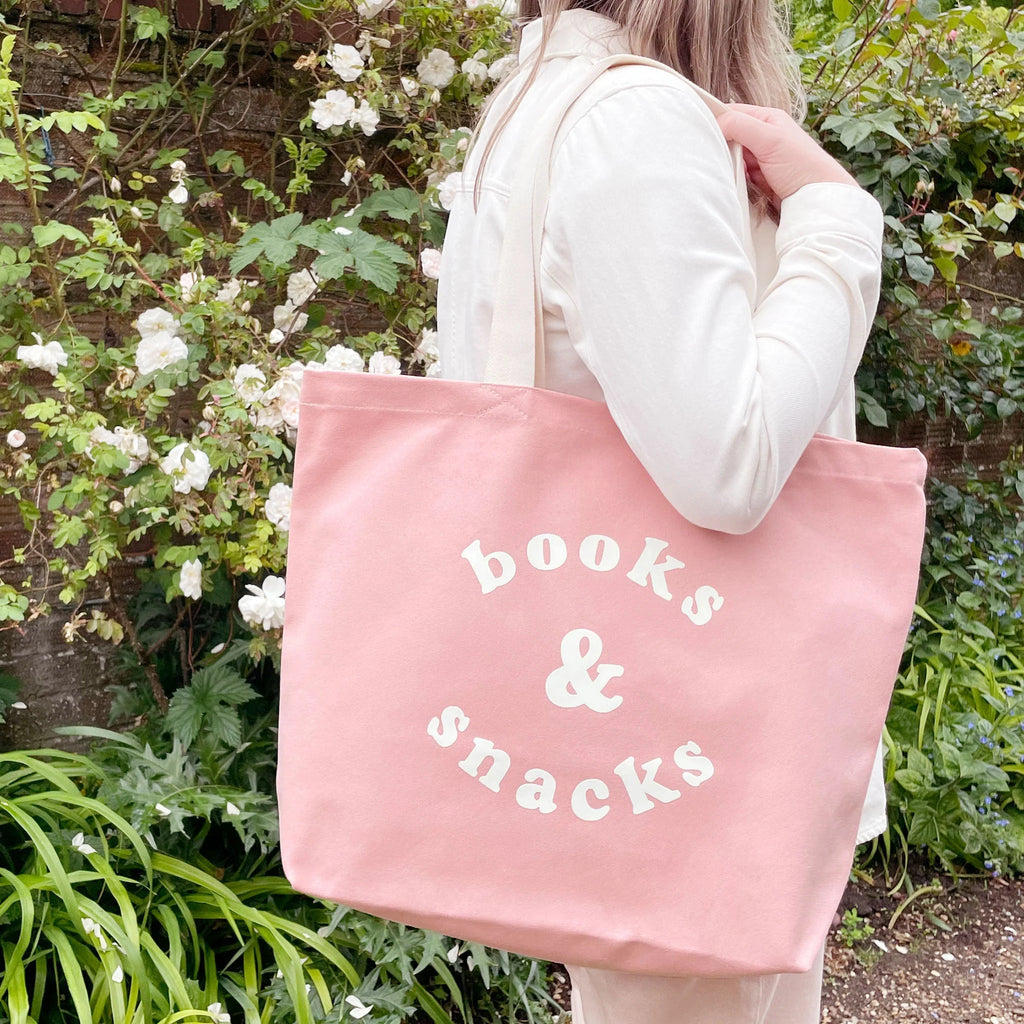 Alphabet Bags: Books & Snacks - Blush Pink Canvas Tote Bag - Acorn & Pip_Alphabet Bags