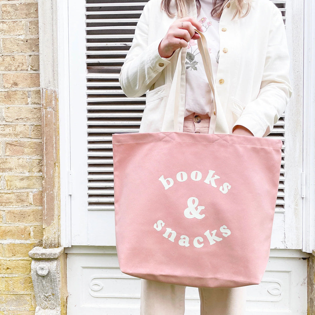 Alphabet Bags: Books & Snacks - Blush Pink Canvas Tote Bag - Acorn & Pip_Alphabet Bags