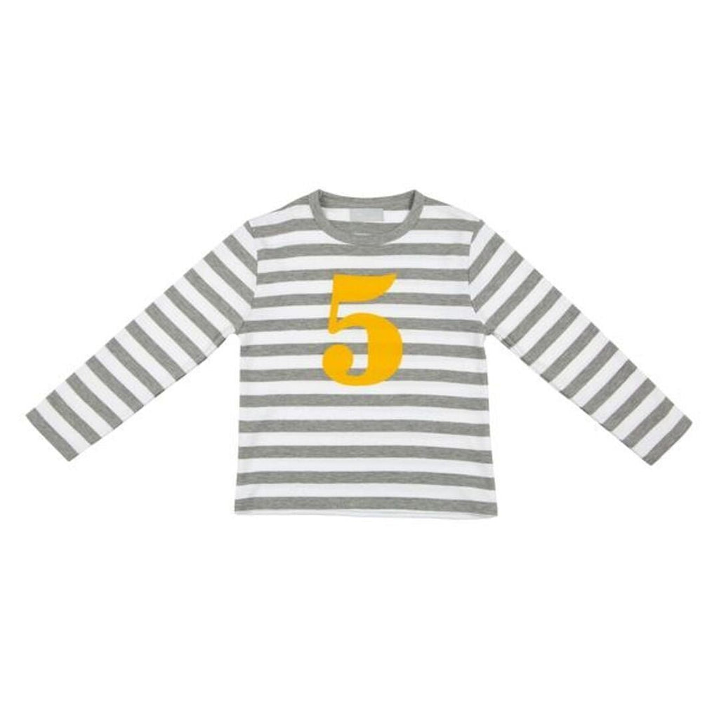 Bob & Blossom: Grey Marl & White Breton Striped Mustard Number 5 T-Shirt - Acorn & Pip_Bob & Blossom