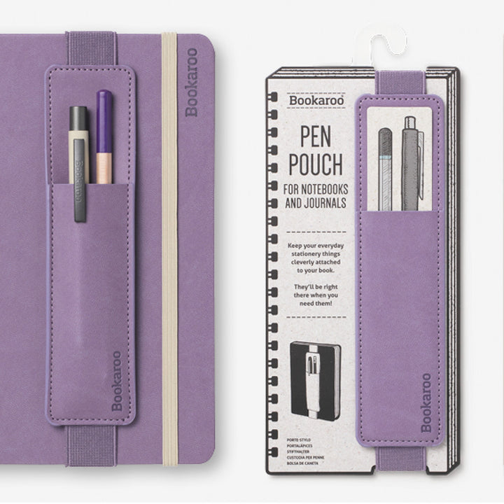 IF Bookaroo aubergine pen pouch attached to a notebook