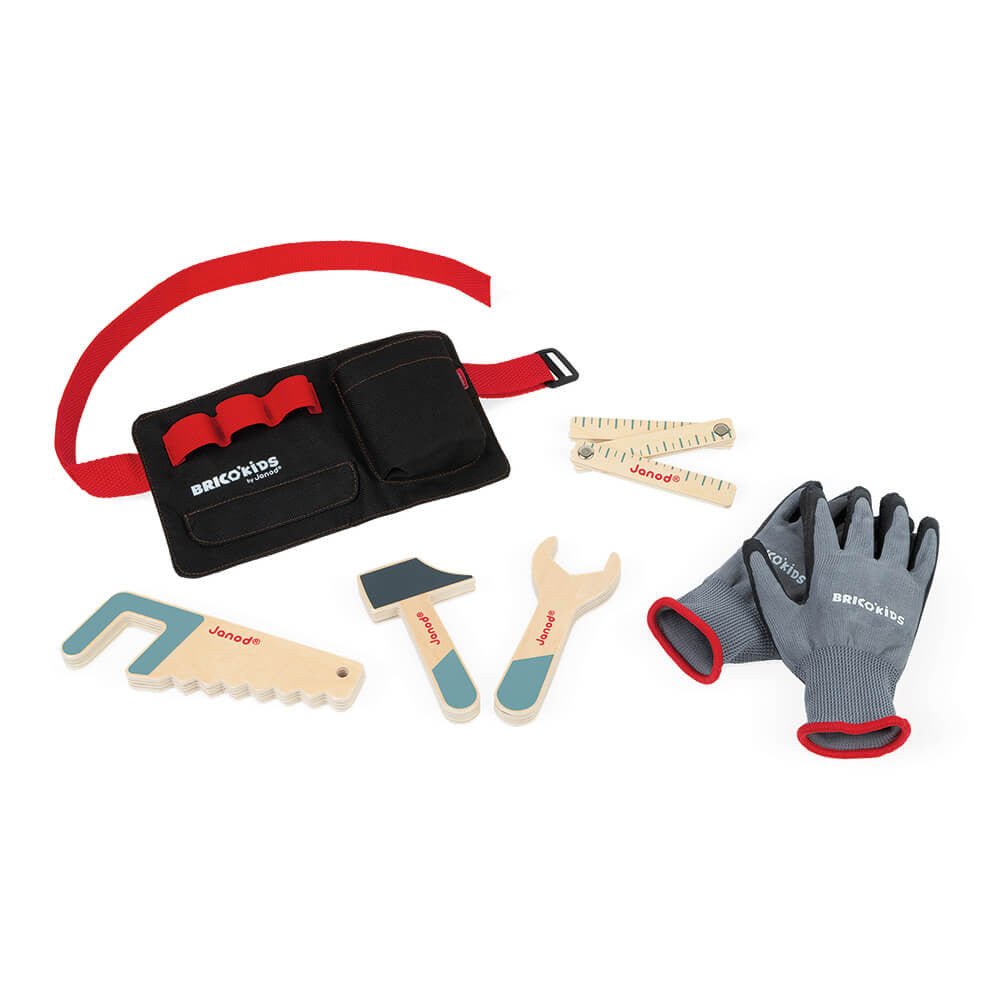 Janod: Briko Kids Tool Belt with Wooden Toys & Gloves Set - Acorn & Pip_Janod