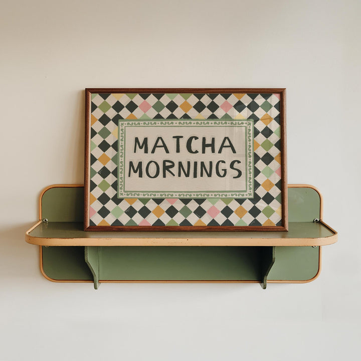 Jenna Crush Matcha Mornings art print on kitchen shelf