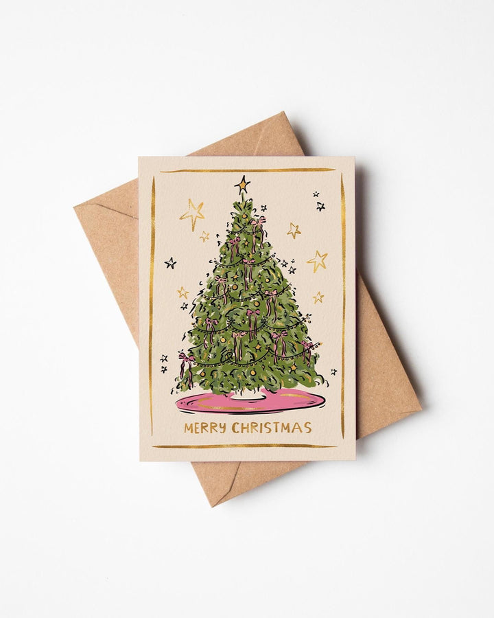 Jenna Crush Christmas tree card with pink bows and kraft envelope