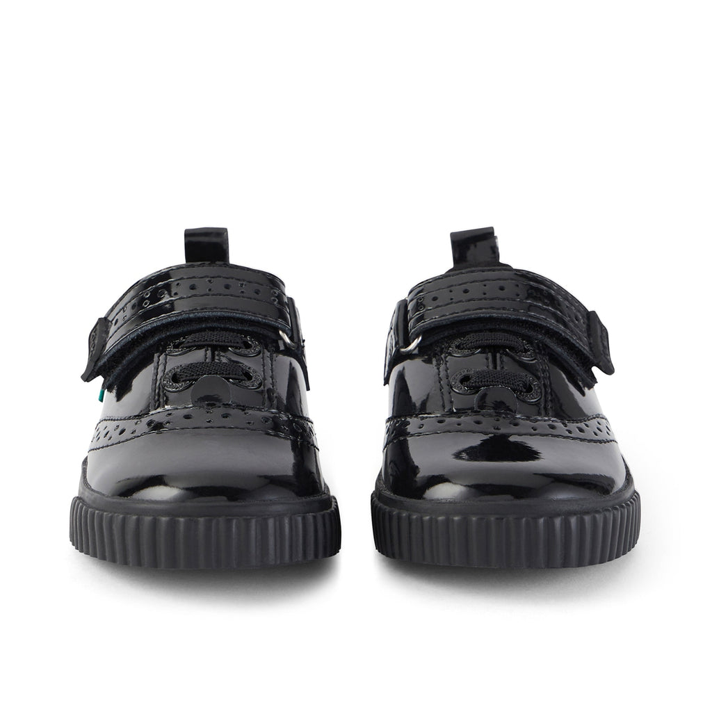 Kickers: Tovni Brogue Velcro Girls School Shoes - Black Patent - Acorn & Pip_Kickers