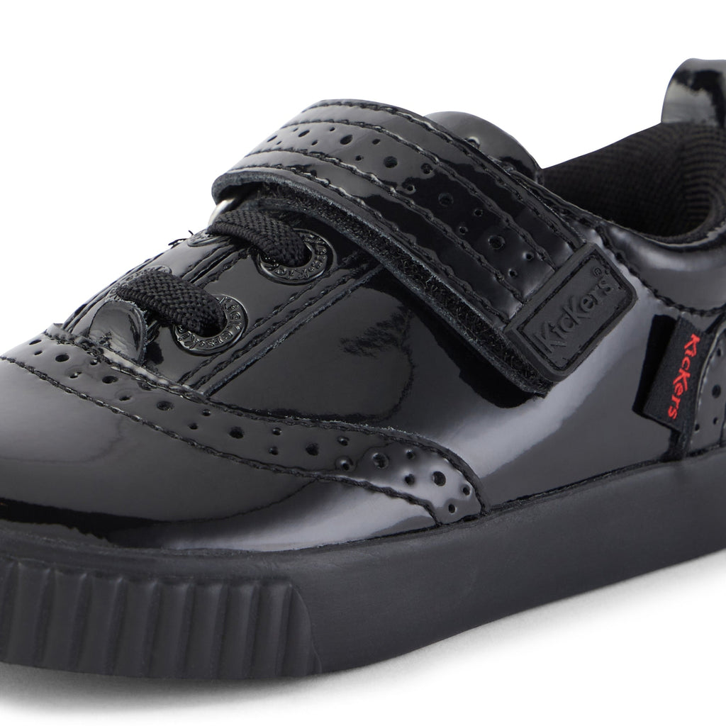 Kickers: Tovni Brogue Velcro Girls School Shoes - Black Patent - Acorn & Pip_Kickers