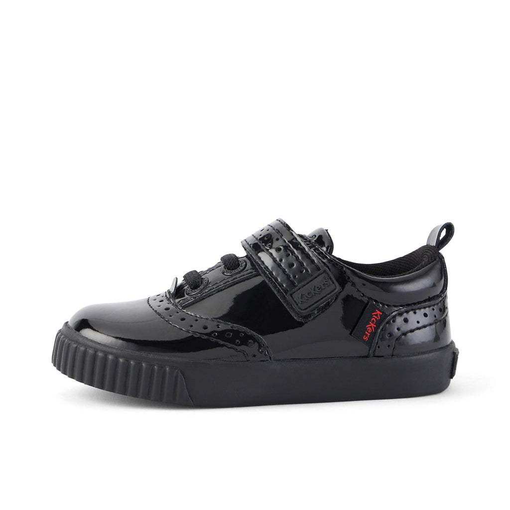 Kickers: Tovni Brogue Velcro Girls School Shoes - Black Patent - Acorn & Pip_Kickers