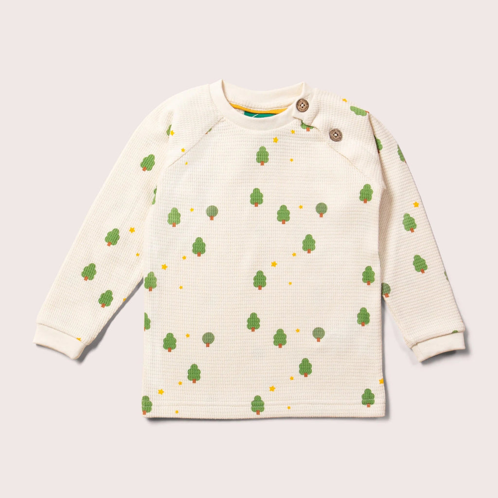 Little Green Radicals: Cream Winter Trees Waffle Long Sleeve Button Top - Acorn & Pip_Little Green Radicals