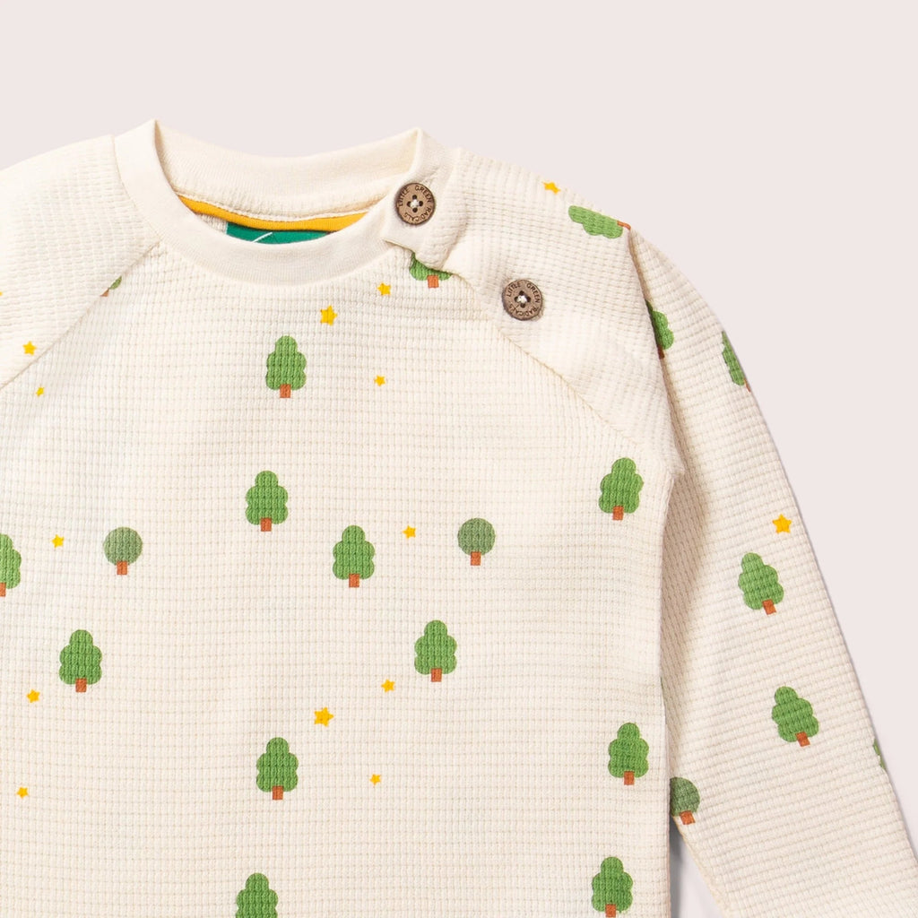 Little Green Radicals: Cream Winter Trees Waffle Long Sleeve Button Top - Acorn & Pip_Little Green Radicals