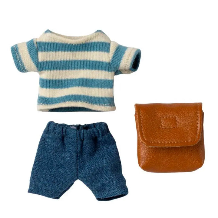 Maileg Big Brother Mouse outfit set with a striped shirt, blue shorts, and a brown bag for gifting.