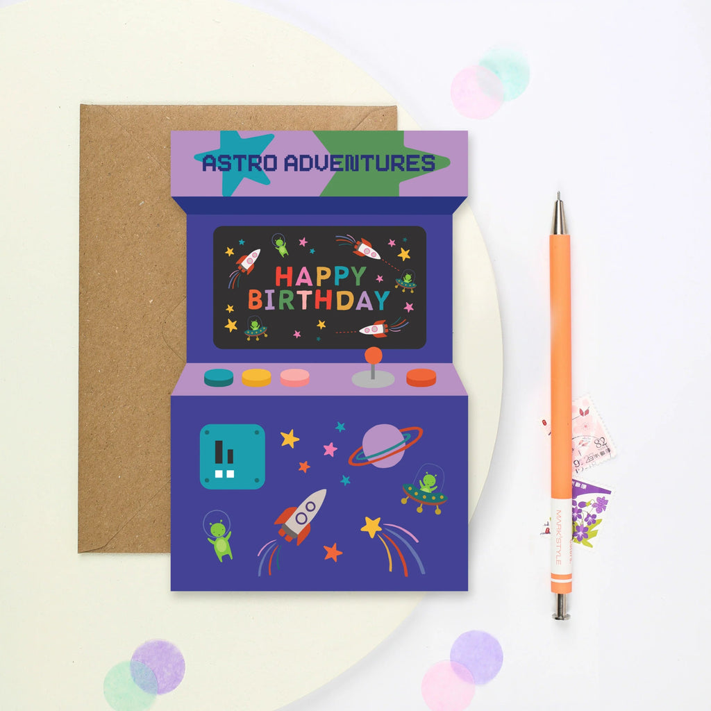 Mifkins: Astro Adventures Arcade Birthday Card - Acorn & Pip_Mifkins