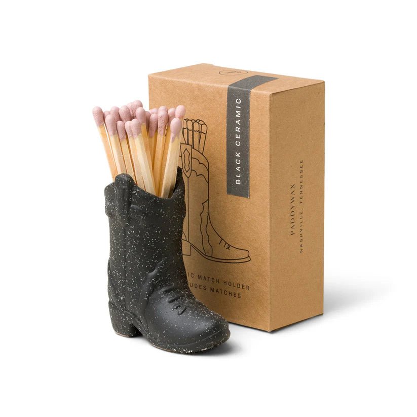 Nashville Ceramic Cowboy Boot Match Holder Black with Matches (25 Pcs) - Acorn & Pip_Paddywax