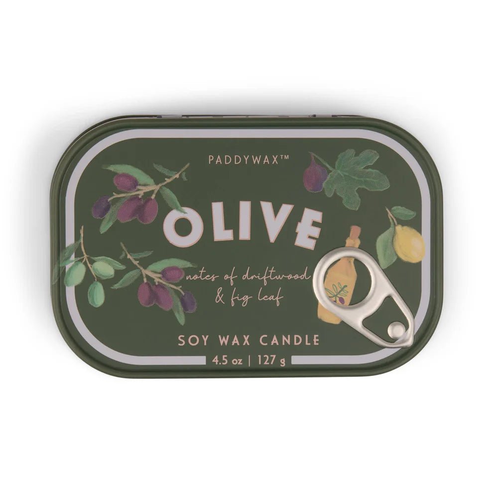 Paddywax: Bistro 4.5oz Olive Printed Tin Candle - Fig & Olive - Acorn & Pip_Paddywax