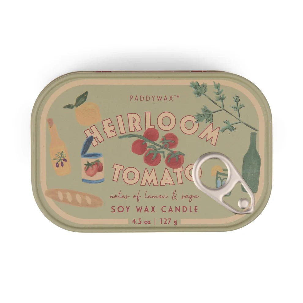 Paddywax: Bistro 4.5oz Tomato Printed Tin Candle - Heirloom Tomato - Acorn & Pip_Paddywax