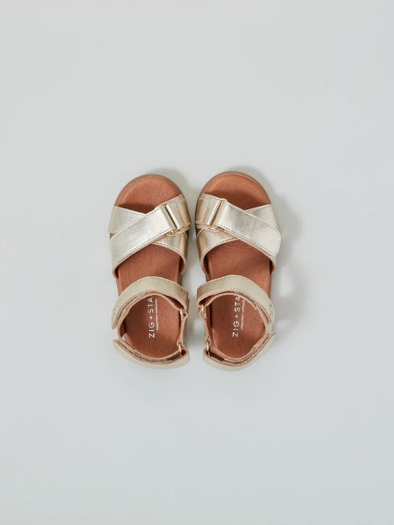 Zig + Star: Rae Cross - Strap Girls Sandals - Gold Dust - Acorn & Pip_Zig + Star