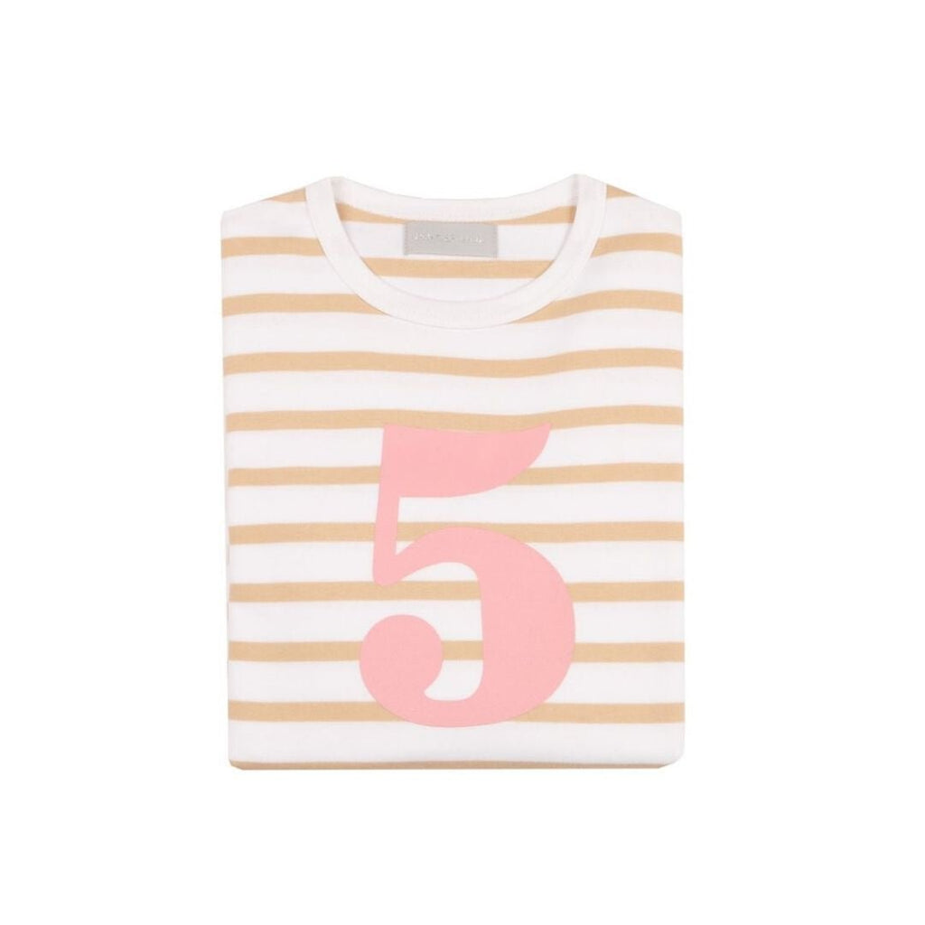 Bob & Blossom: Biscuit & White Breton Striped Pink Number 5 T-Shirt - Acorn & Pip_Bob & Blossom
