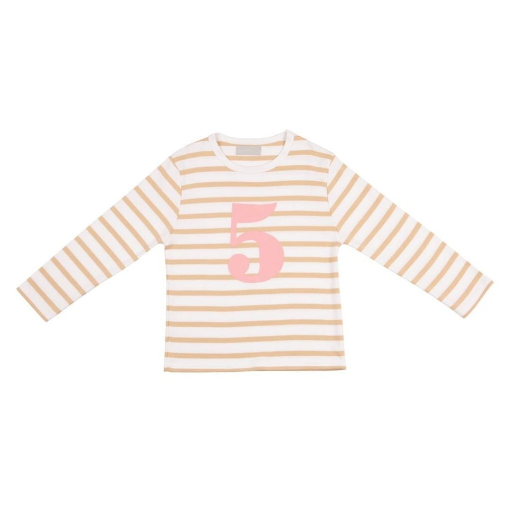 Bob & Blossom: Biscuit & White Breton Striped Pink Number 5 T-Shirt - Acorn & Pip_Bob & Blossom
