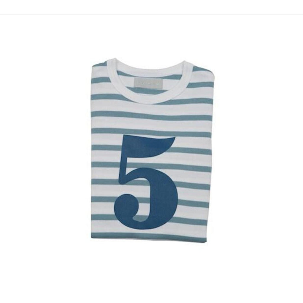 Bob & Blossom: Ocean Blue & White Breton Striped Blue Number 5 T-Shirt - Acorn & Pip_Bob & Blossom