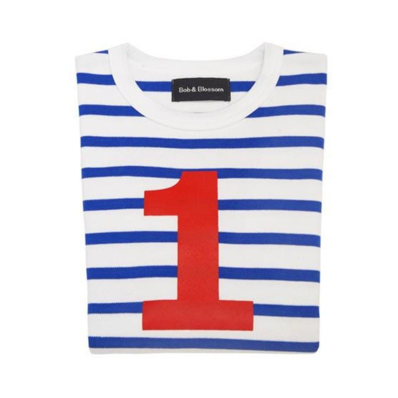 French Blue & Cream White Stripe Number 1 T-Shirt - Acorn & Pip_Bob & Blossom