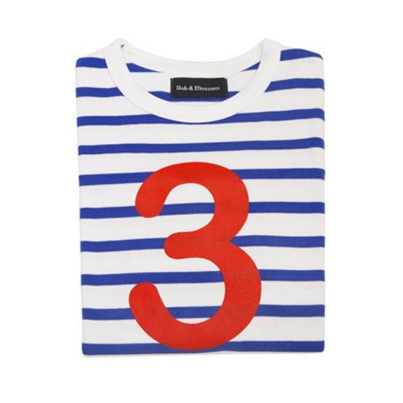 French Blue & Cream White Stripe Number 3 T-Shirt - Acorn & Pip_Bob & Blossom