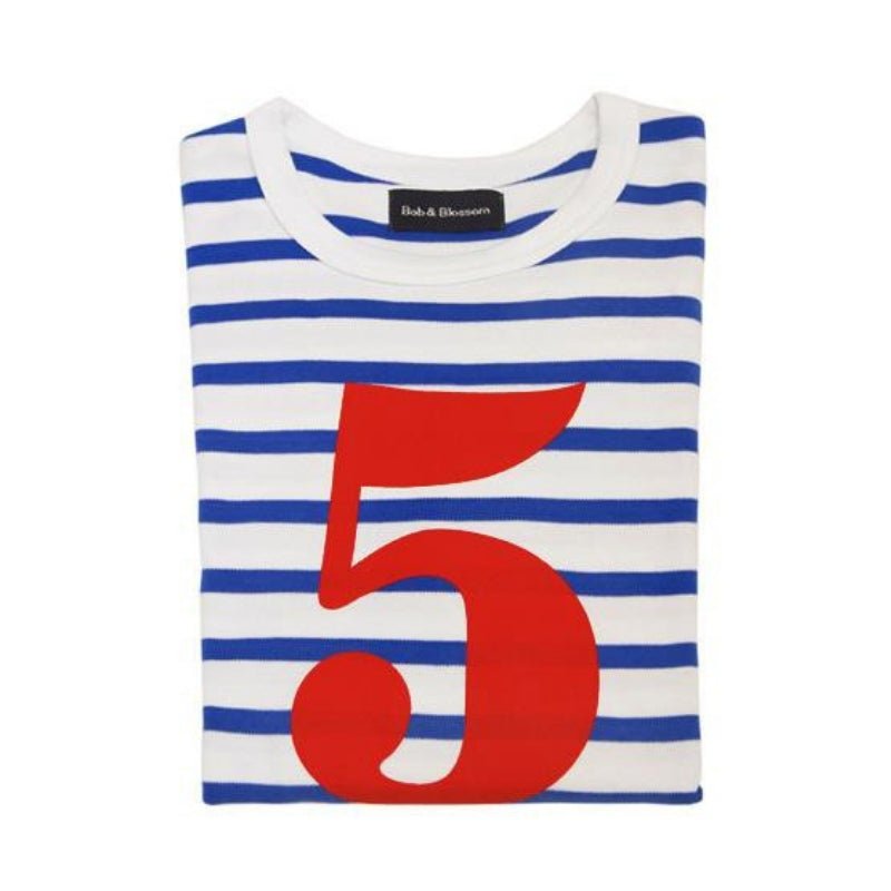French Blue & Cream White Stripe Number 5 T-Shirt - Acorn & Pip_Bob & Blossom
